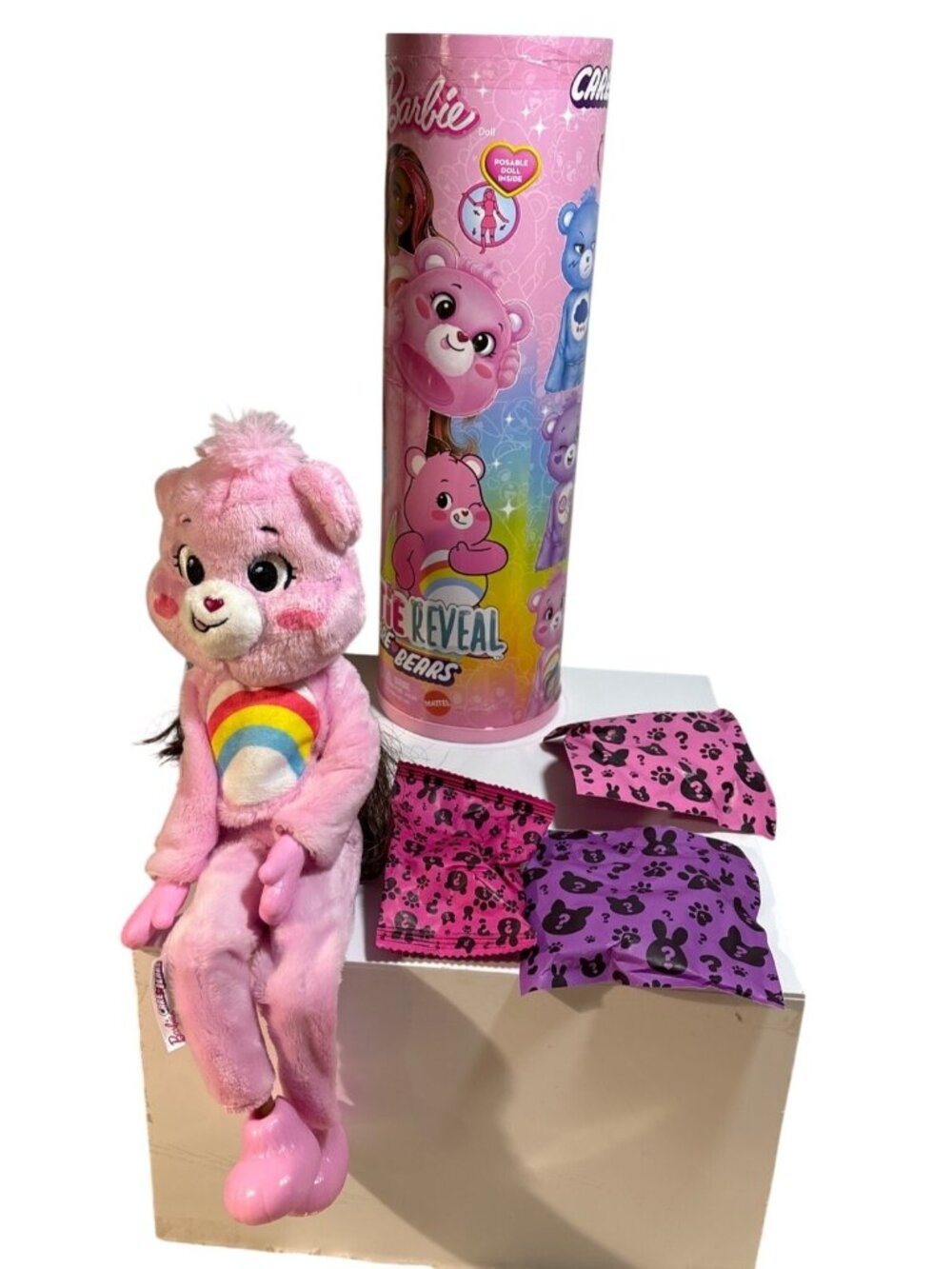 Barbie Cutie Reveal Care Bears Rainbow Pink Plush Collectible Doll Cheer Bear